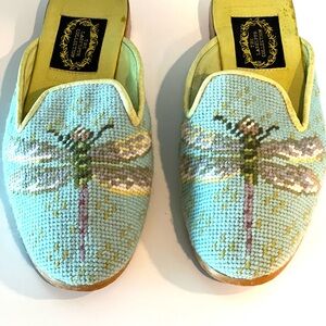 Larkspur Collection embroidered mules - dragonfly pattern